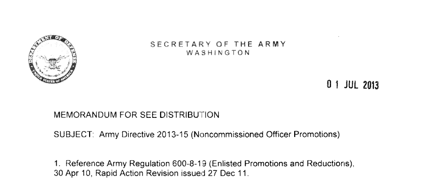 Army Directive 2013-15 (Noncommissioned Officer Promotions) first point