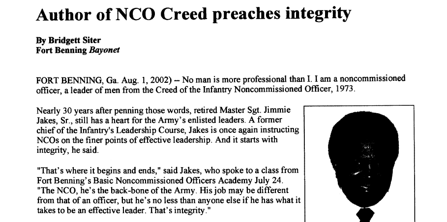 Author of NCO Creed preaches integrity fist two paragraphs