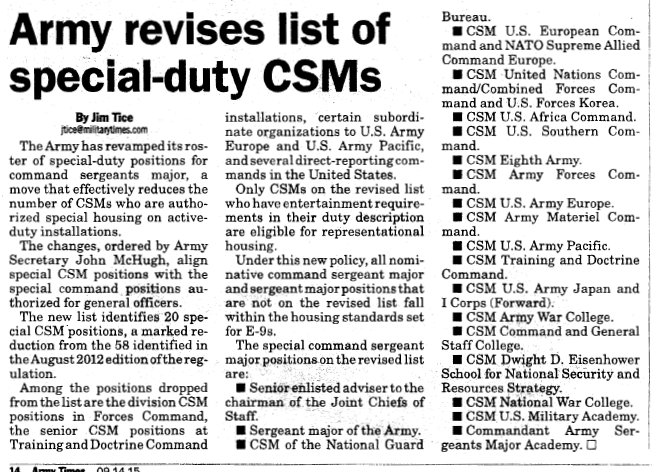 Army Revises List of Special-Duty CSMs full