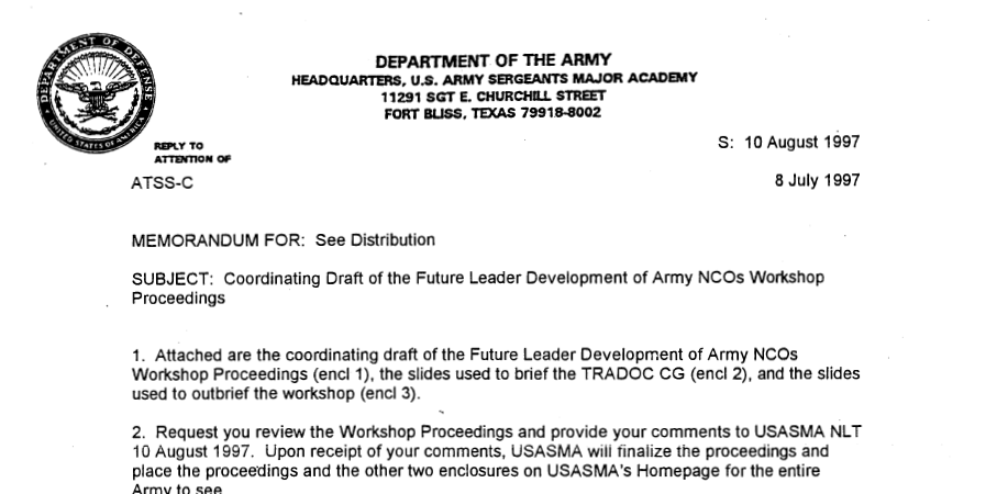 Coordinating Draft of the Future Leader Development of Army NCOs Workshop Proceedings screen shot