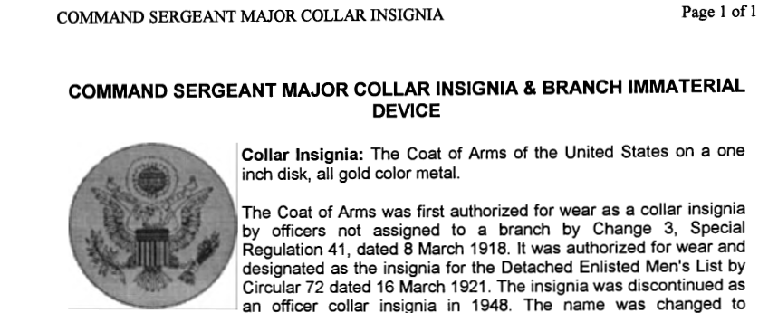 Command Sergeant Major Collar Insignia & Branch Immaterial half