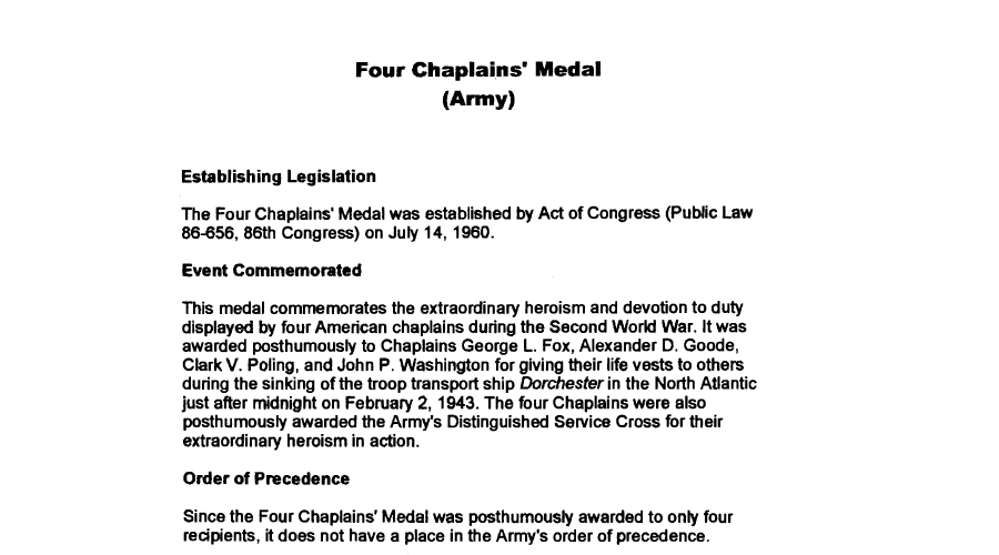 Four Chaplains' Medal - NCO Historical Society