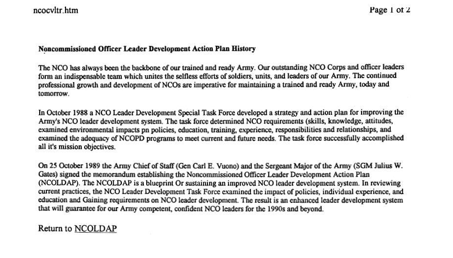 Noncommissioned Officer Leader Development Action Plan History first page