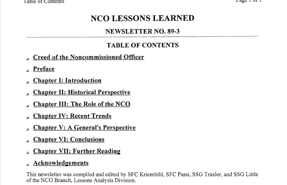 NCO Lessons Learned table of contents