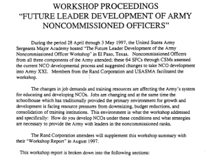 Workshop Proceedings "Future Leader Development of Army Noncommisioned Officers" First Page