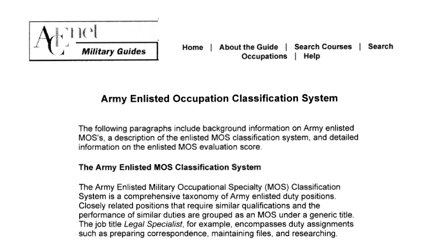 Army Enlisted Occupation Classification System intro