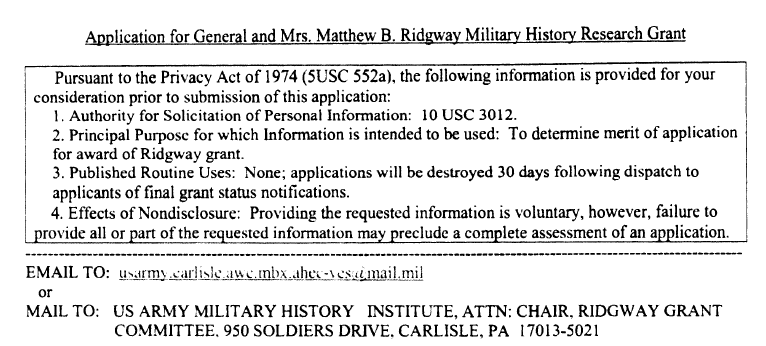 Application for General and Mrs. Matthew B. Ridgway Military History Research Grant intro