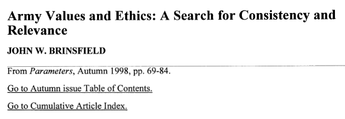 Army Values and Ethics: A Search for Consistency and Relevance title