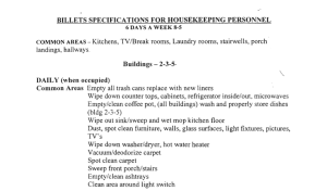 Billets Specifications for Housekeeping Personnel daily section