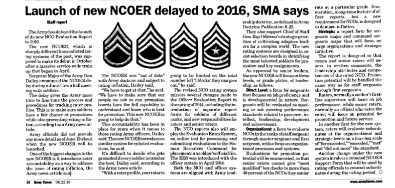 Launch of New NCOER Delayed to 2016, SMA Says full