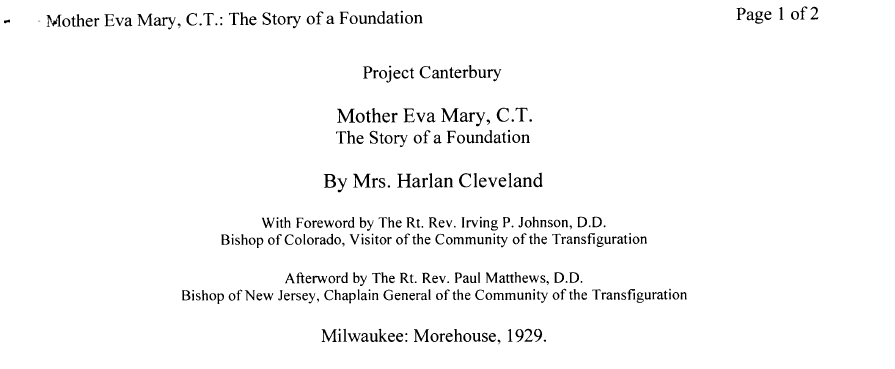 Mother Eva Mary, C.T. The Story of a Foundation title