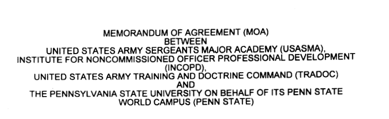 MOA Between USASMA, INCOPD, TRADOC, Penn State title