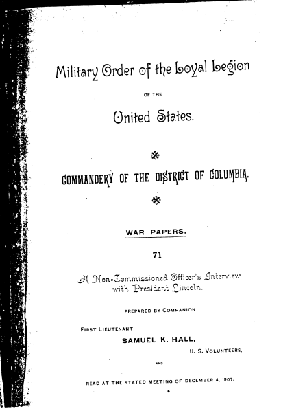 Military Order of the Loyal Legion of the United States, A NCO Interview with President Lincoln cover